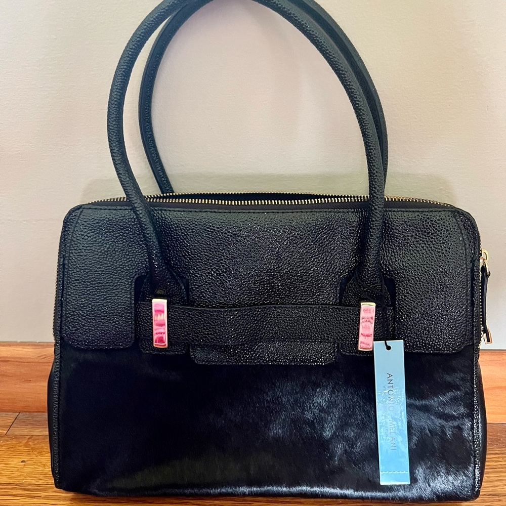 Antonio Melani NEW Abby Satchel Haircalf & Leather Black MSRP $249